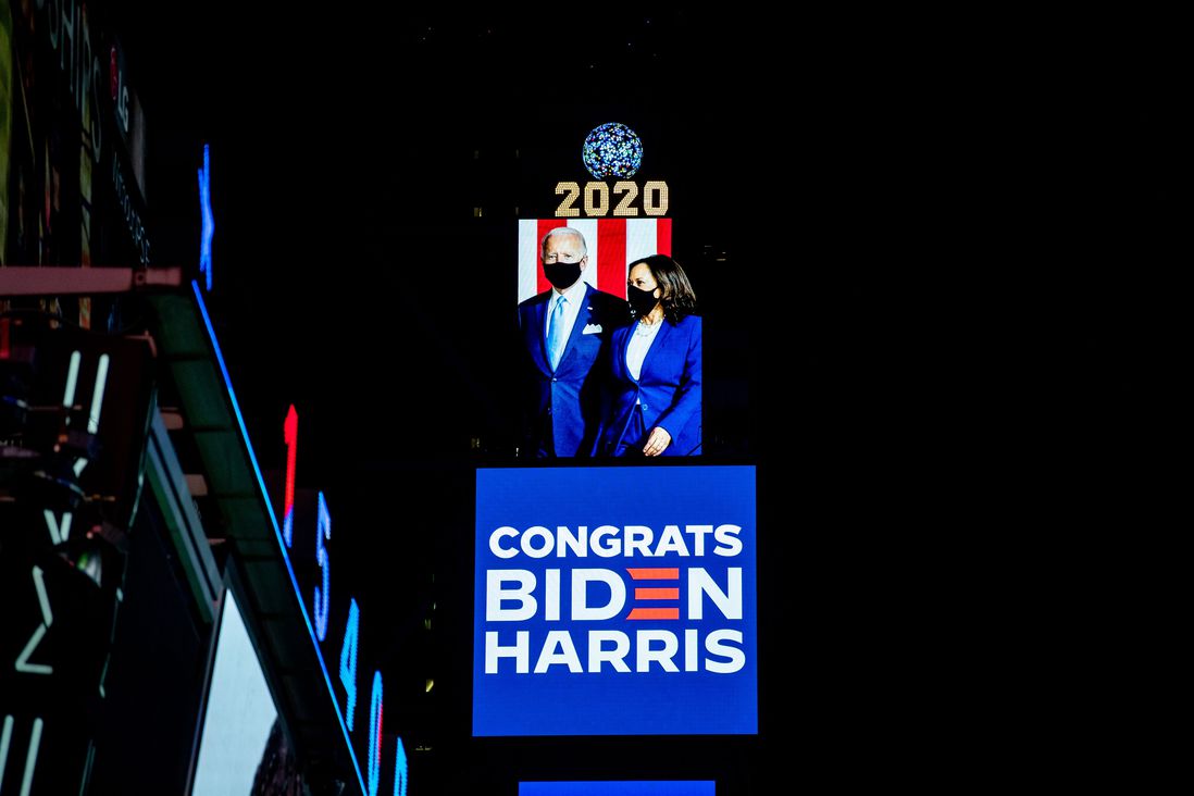 The 2020 ball and Biden Harris on the screens in Times Square